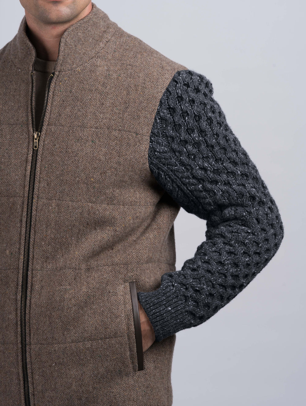 Fawn Shackleton Jacket With Charcoal Cable Knit Sleeve