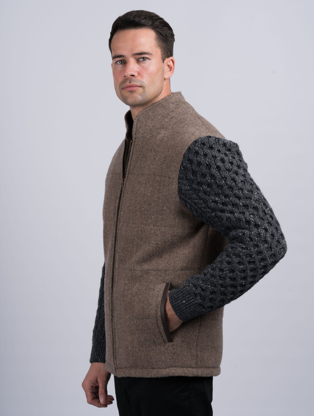 Fawn Shackleton Jacket With Charcoal Cable Knit Sleeve