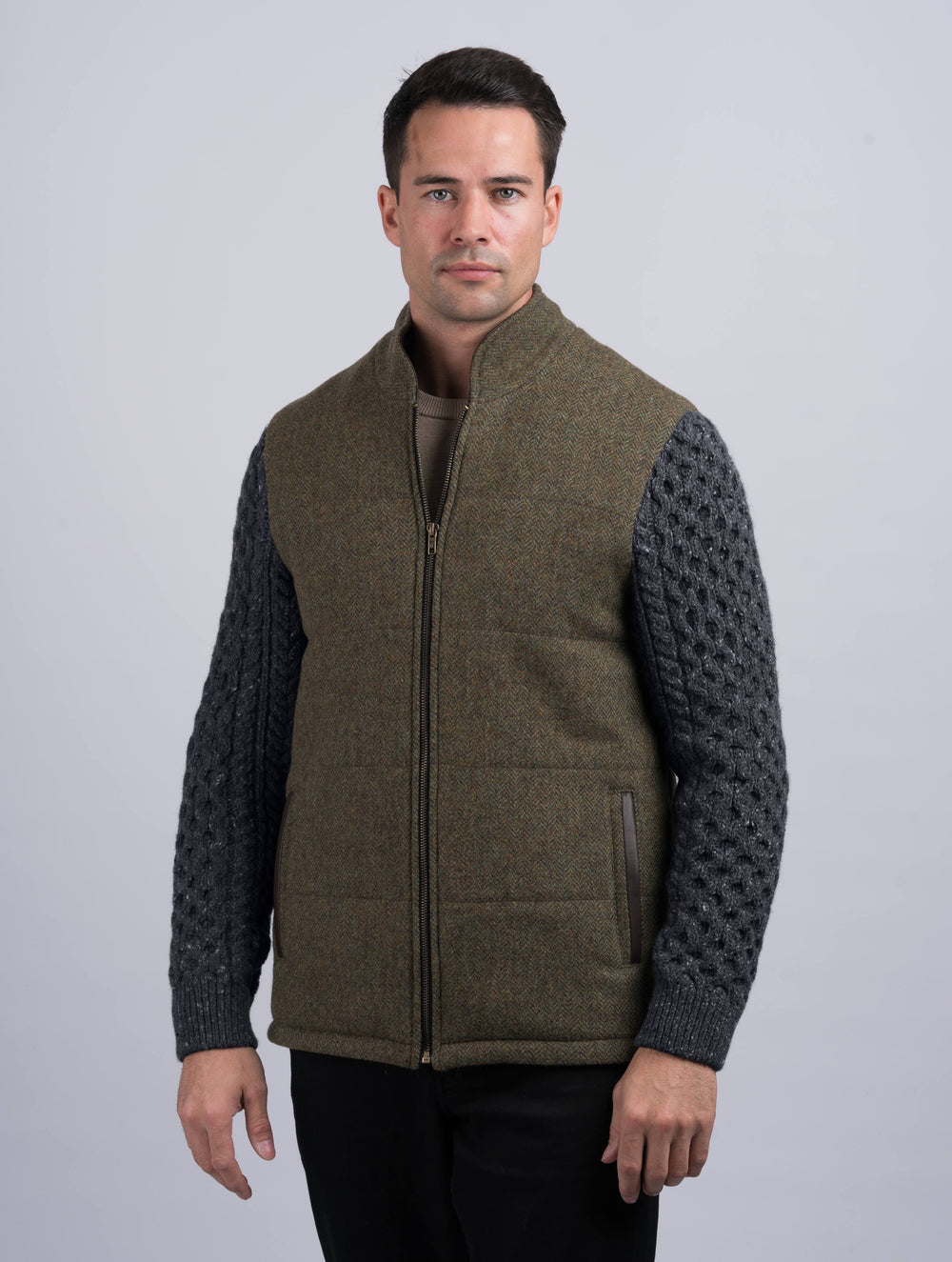 Moss Green Shackleton Jacket With Charcoal Cable Knit Sleeve