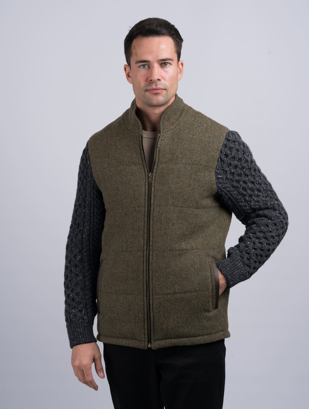 Moss Green Shackleton Jacket With Charcoal Cable Knit Sleeve