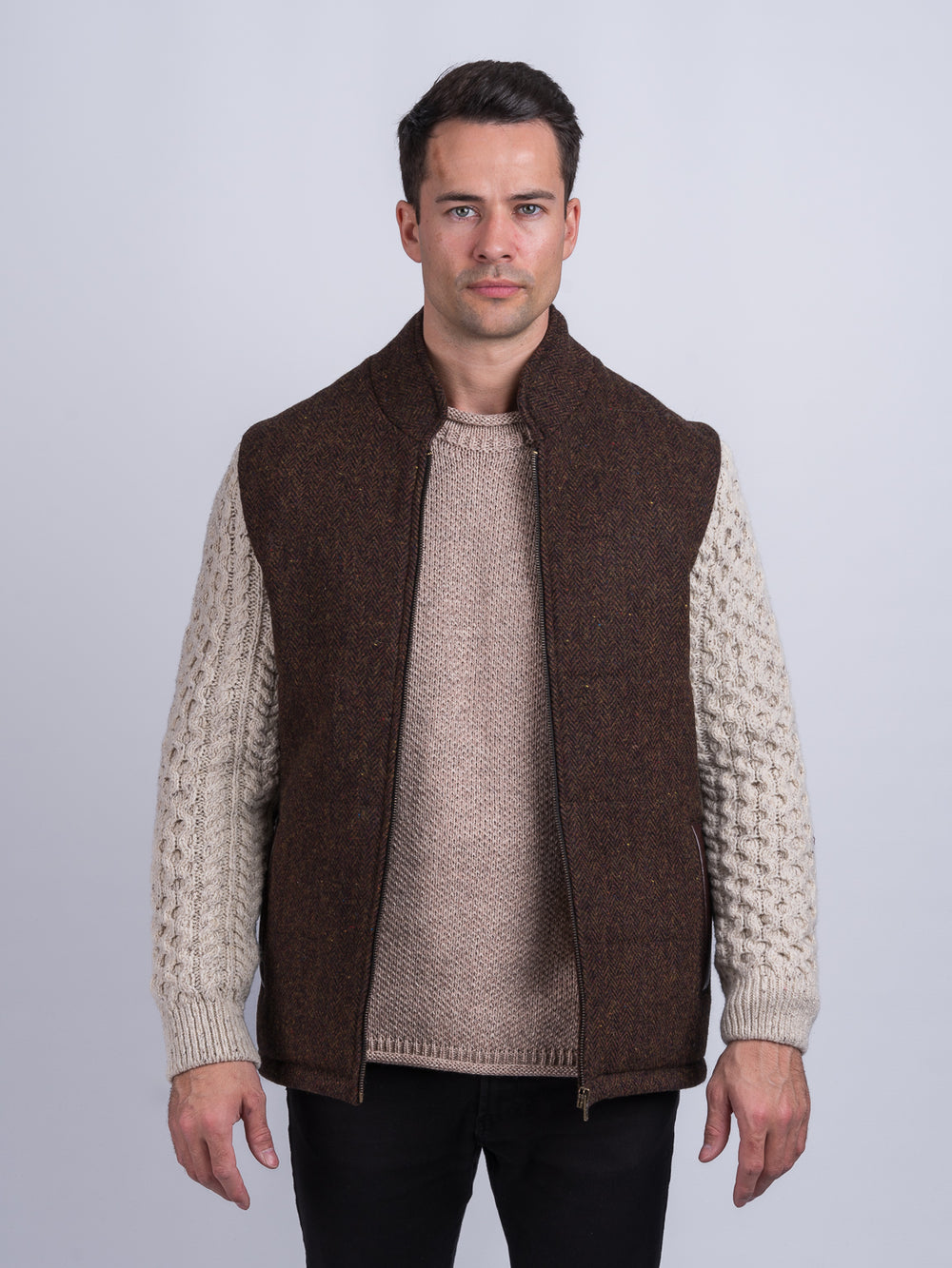 Brown Herringbone Shackleton Jacket With Natural Cable Knit Sleeve