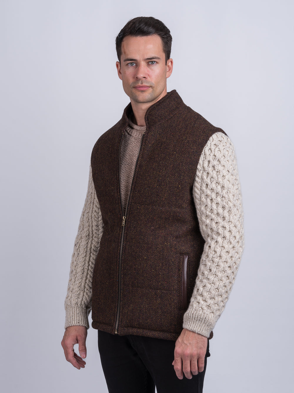Brown Herringbone Shackleton Jacket With Natural Cable Knit Sleeve