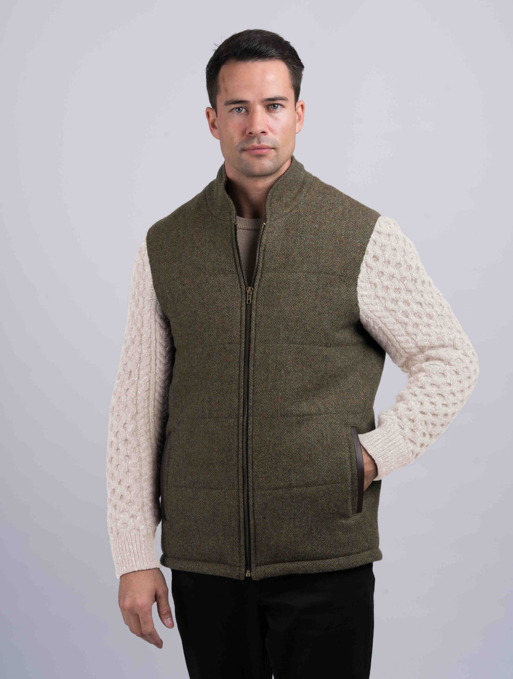 Moss Green Shackleton Jacket with Natural Cable Knit Sleeve
