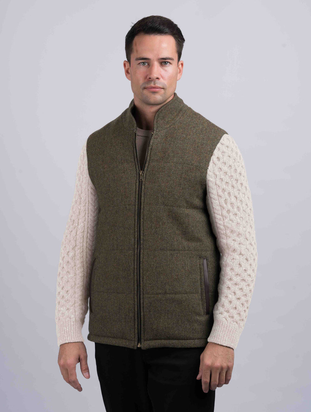 Moss Green Shackleton Jacket with Natural Cable Knit Sleeve