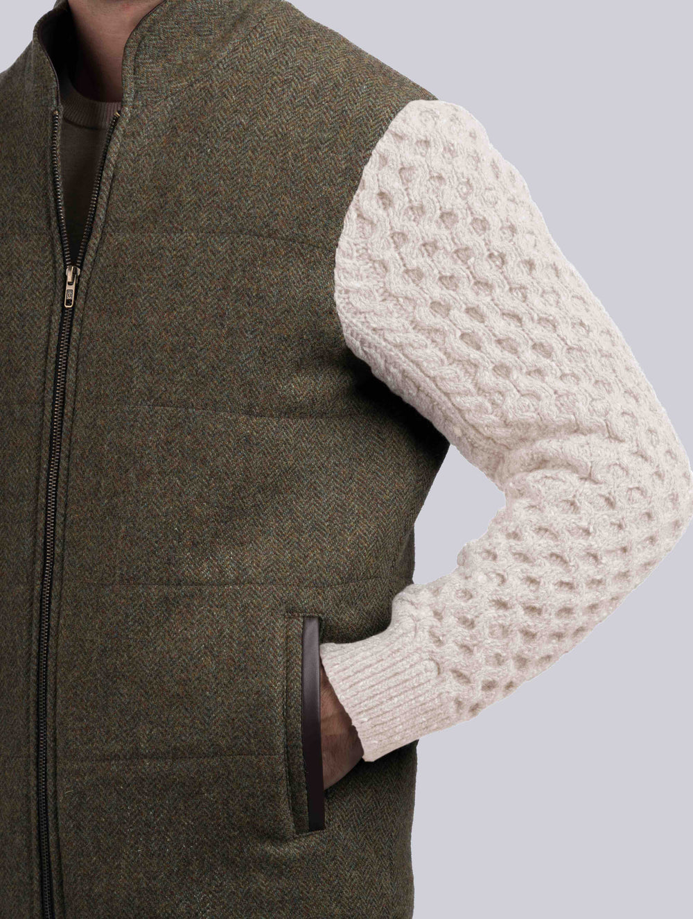 Moss Green Shackleton Jacket with Natural Cable Knit Sleeve