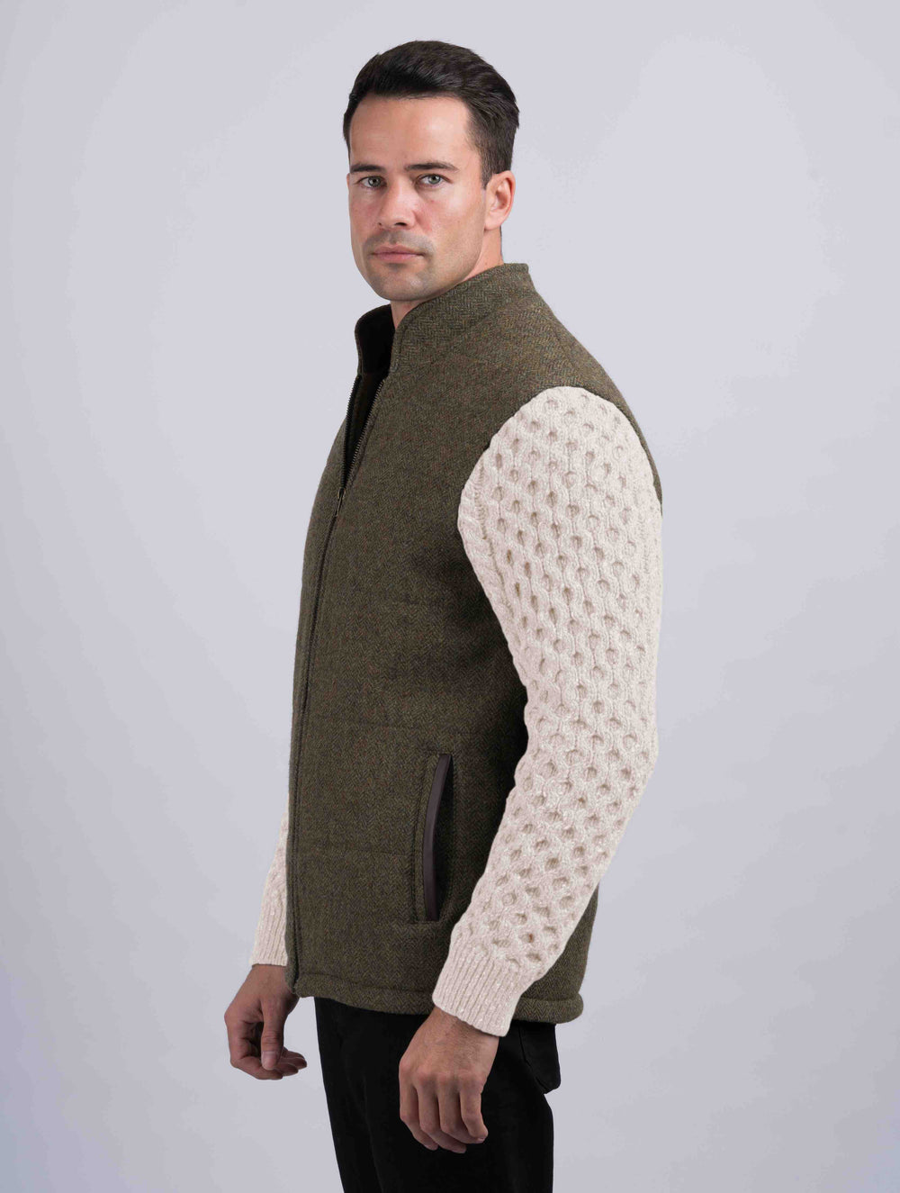 Moss Green Shackleton Jacket with Natural Cable Knit Sleeve
