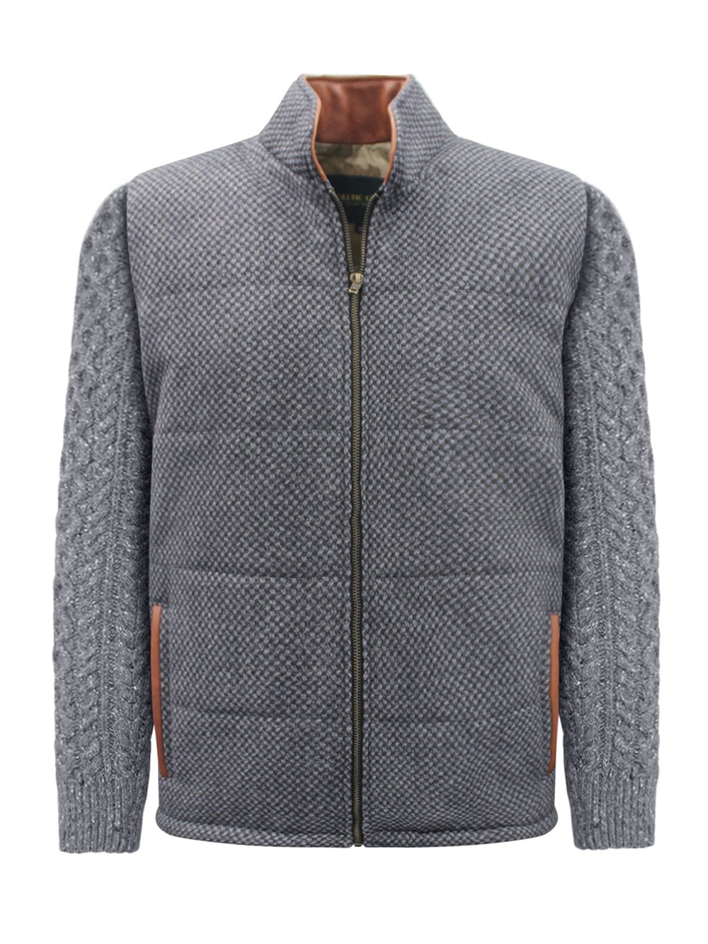 Veste à losanges gris foncé avec manches en tricot torsadé bleu marine chiné