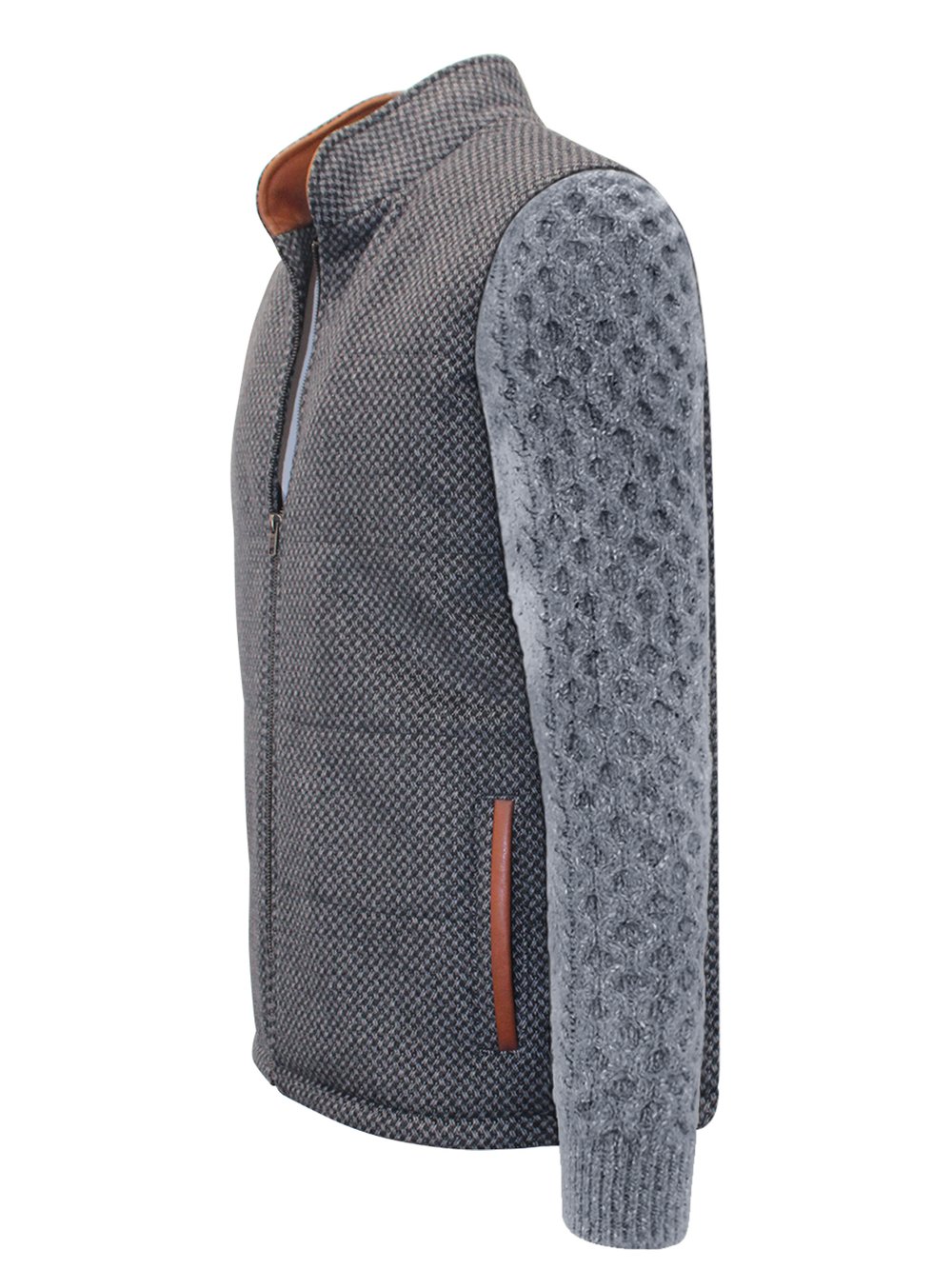 Veste à losanges gris foncé avec manches en tricot torsadé bleu marine chiné