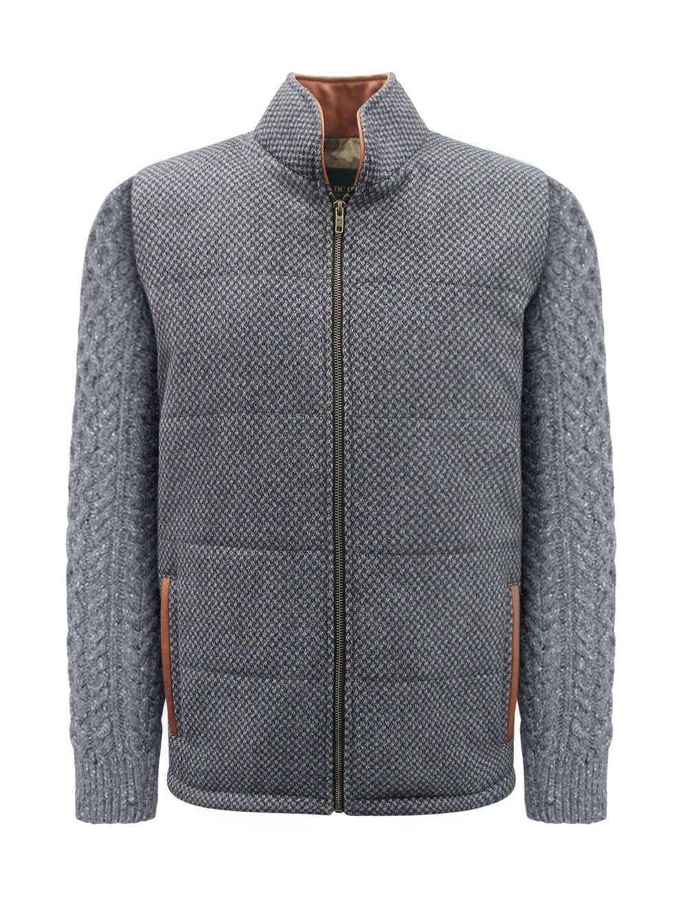 Veste à losanges gris foncé avec manches en tricot torsadé bleu marine chiné
