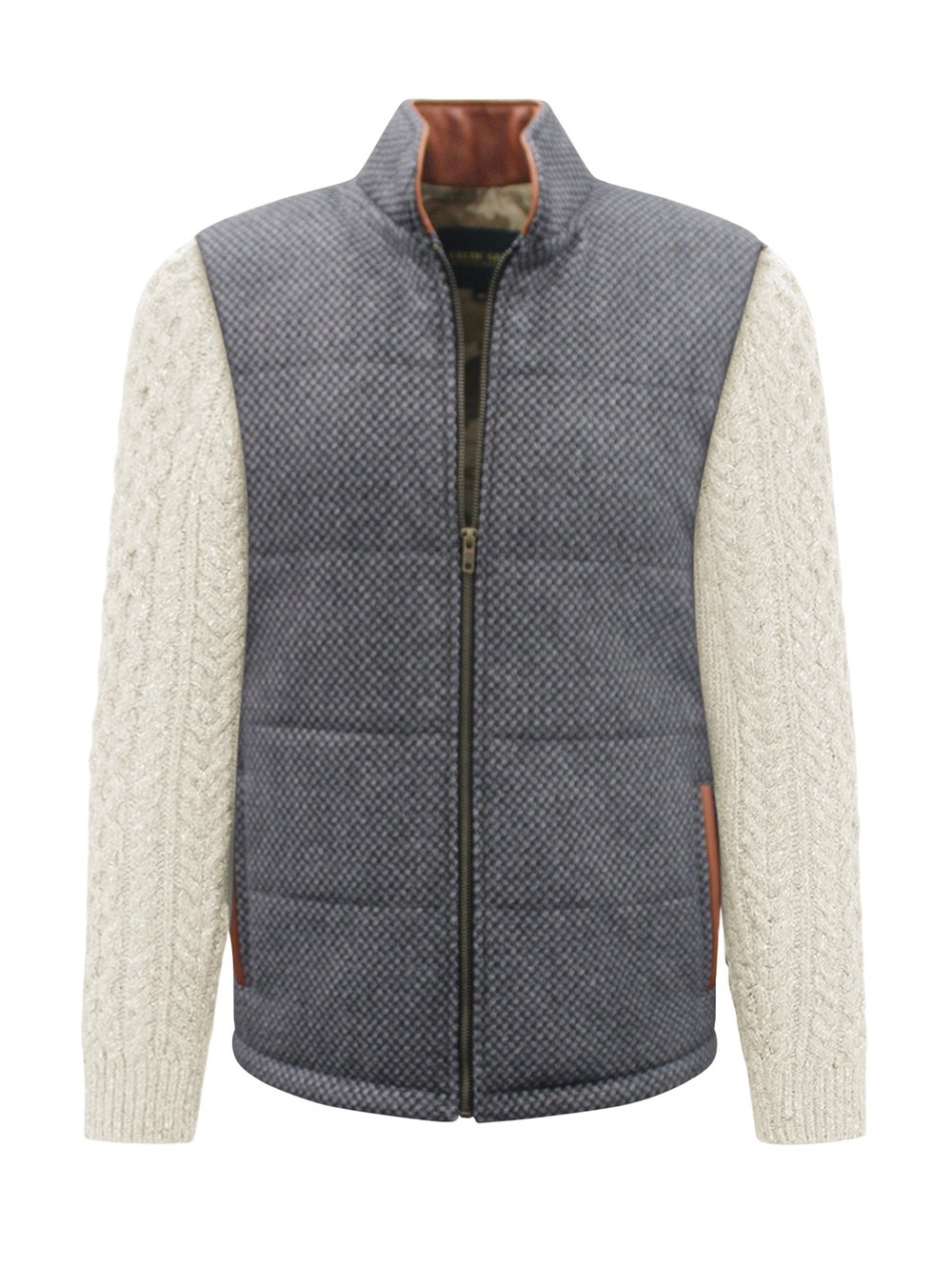 Veste à losanges gris foncé avec manches en tricot torsadé naturel