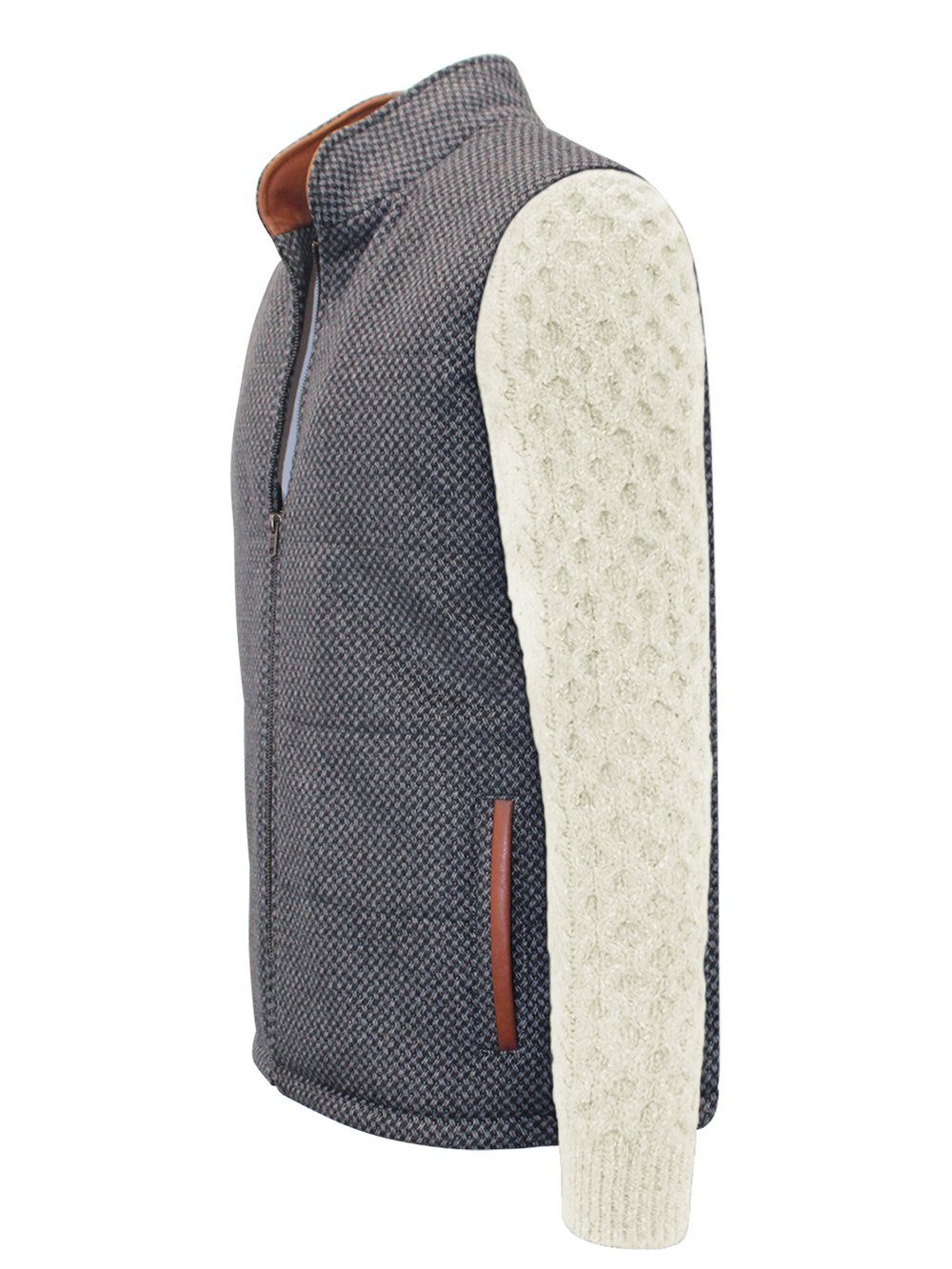Veste à losanges gris foncé avec manches en tricot torsadé naturel
