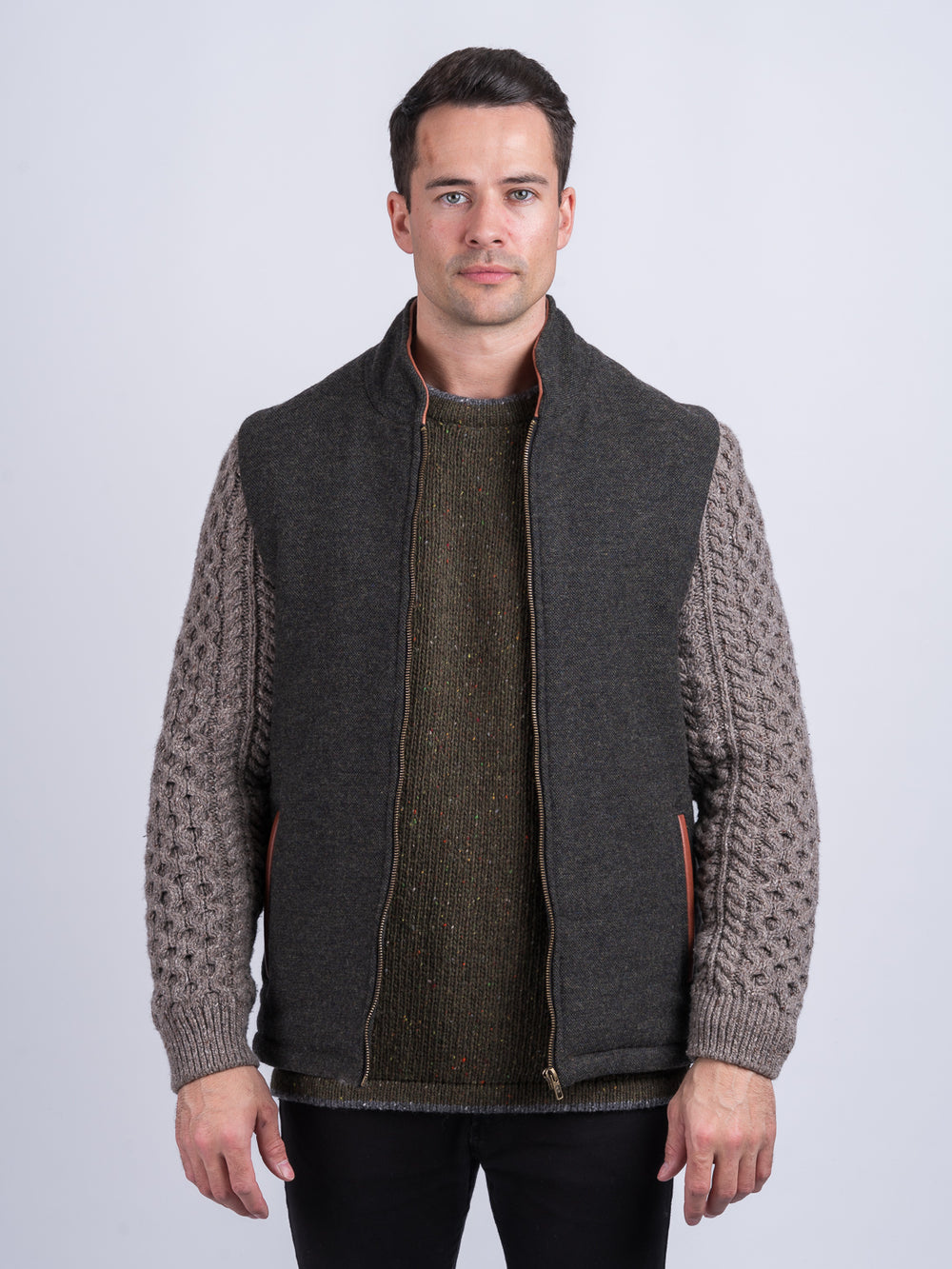 Light Green Shackleton Jacket with Rocky Road Cable Knit Sleeve
