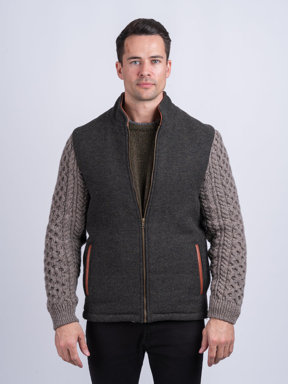 Light Green Shackleton Jacket with Rocky Road Cable Knit Sleeve