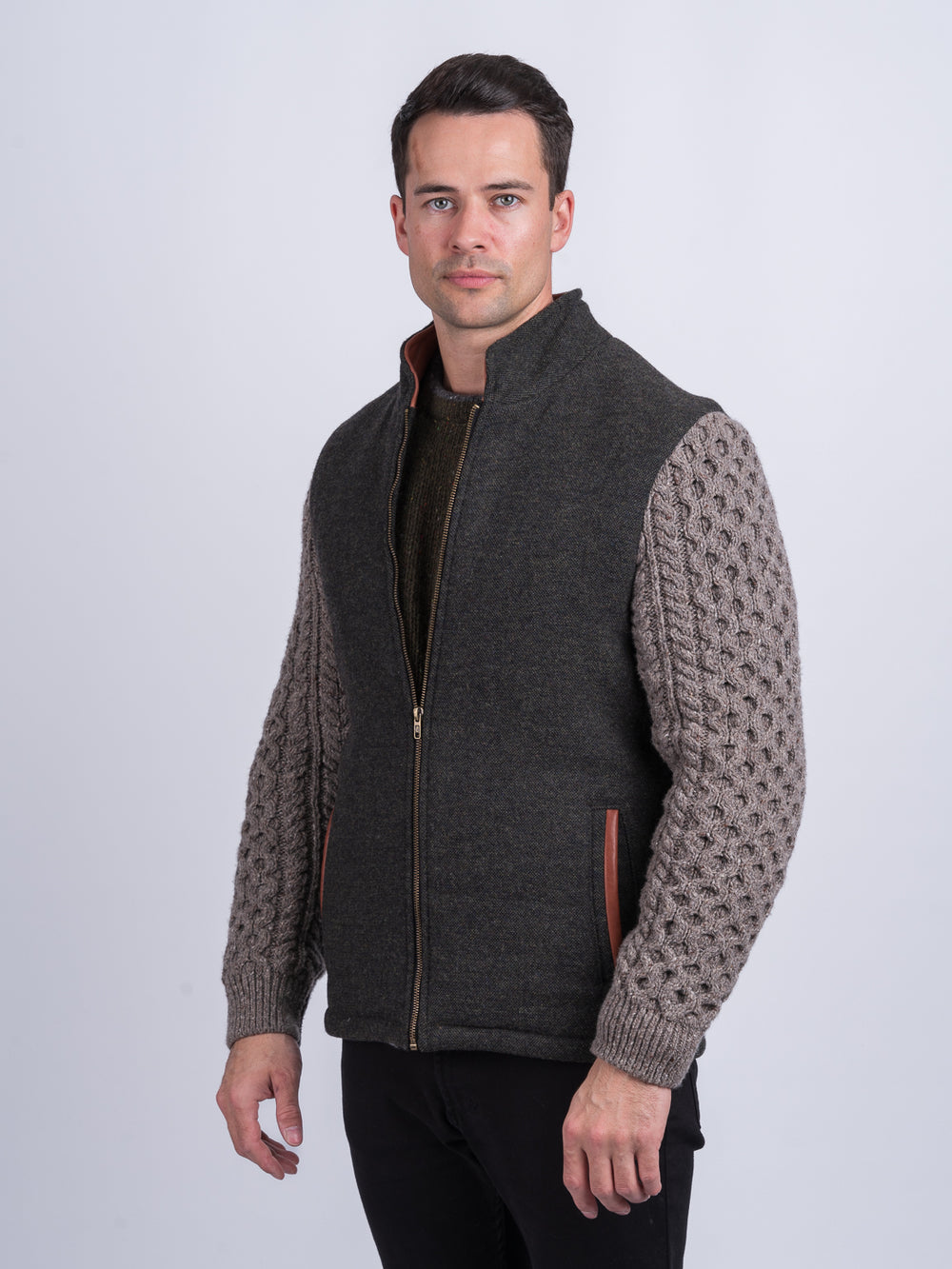 Light Green Shackleton Jacket with Rocky Road Cable Knit Sleeve
