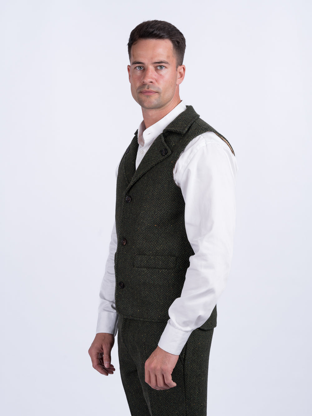 Man Of Aran Green Herringbone Tweed Waistcoat & Vest