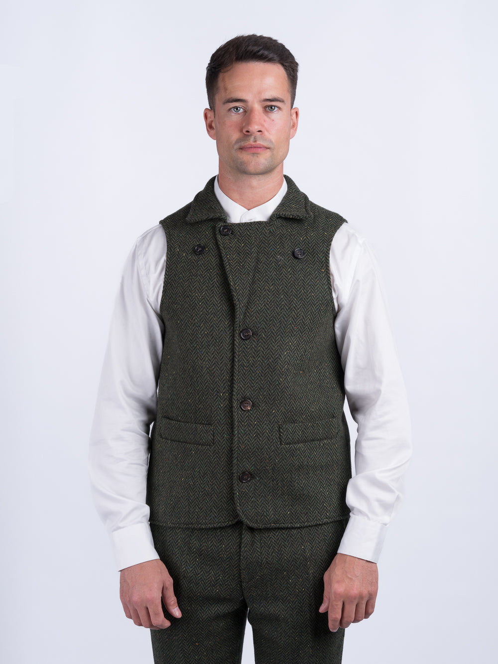 Man Of Aran Green Herringbone Tweed Waistcoat & Vest
