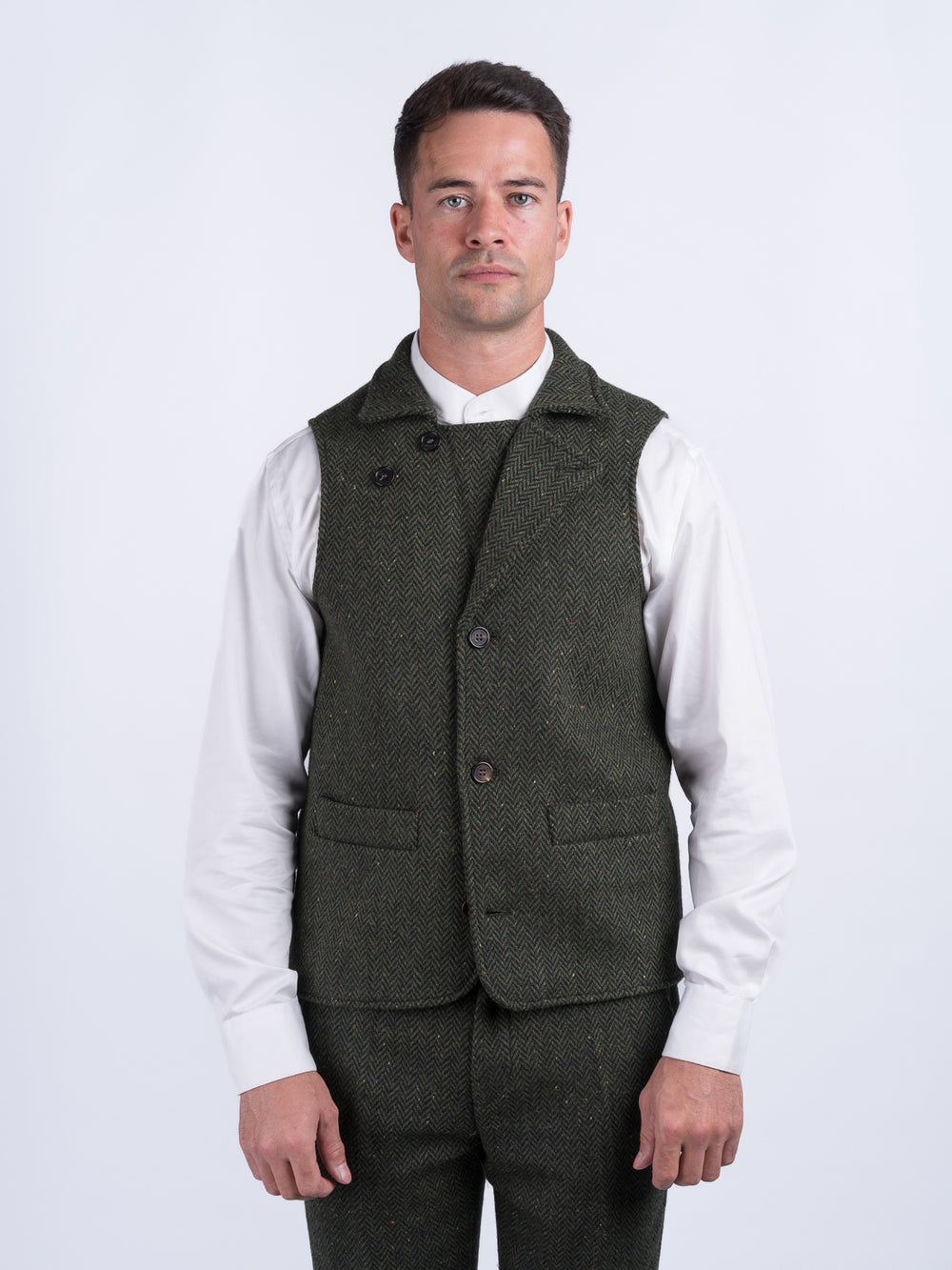 Man Of Aran Green Herringbone Tweed Waistcoat & Vest