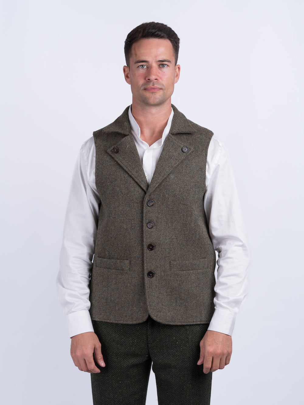 Man Of Aran Moss Green Herringbone Tweed Waistcoat & Vest