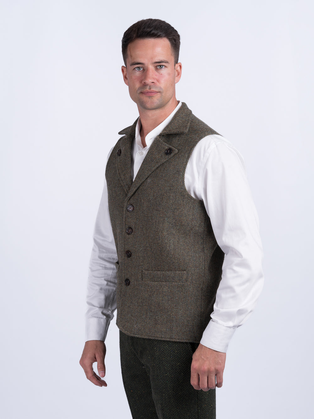 Man Of Aran Moss Green Herringbone Tweed Waistcoat & Vest