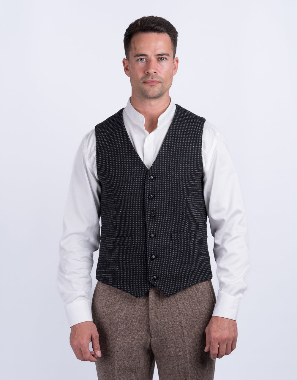 Black with Grey Check Pattern Tweed Waistcoat