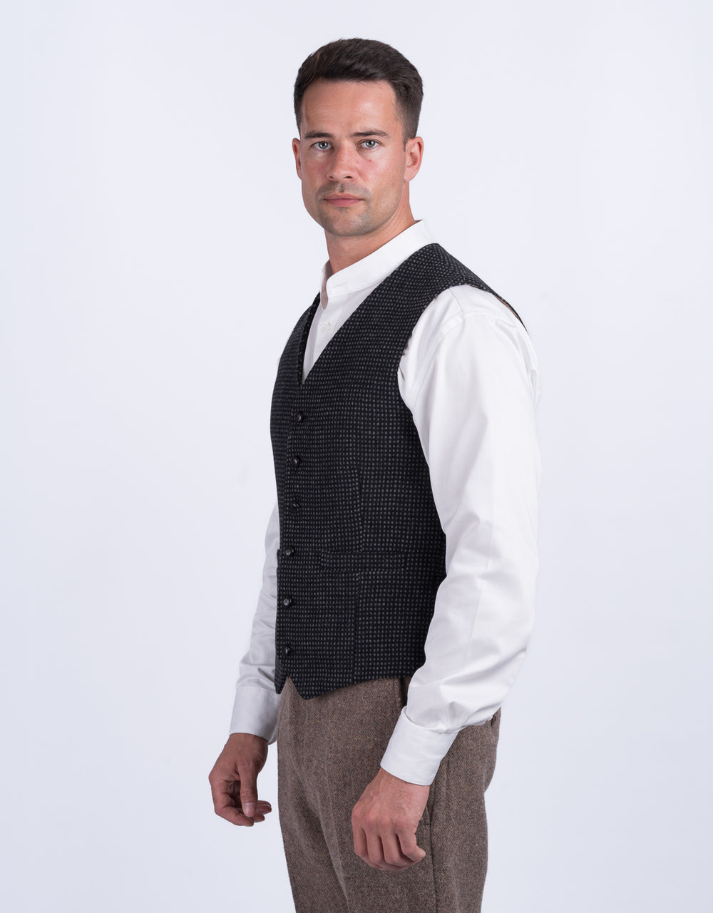 Black with Grey Check Pattern Tweed Waistcoat