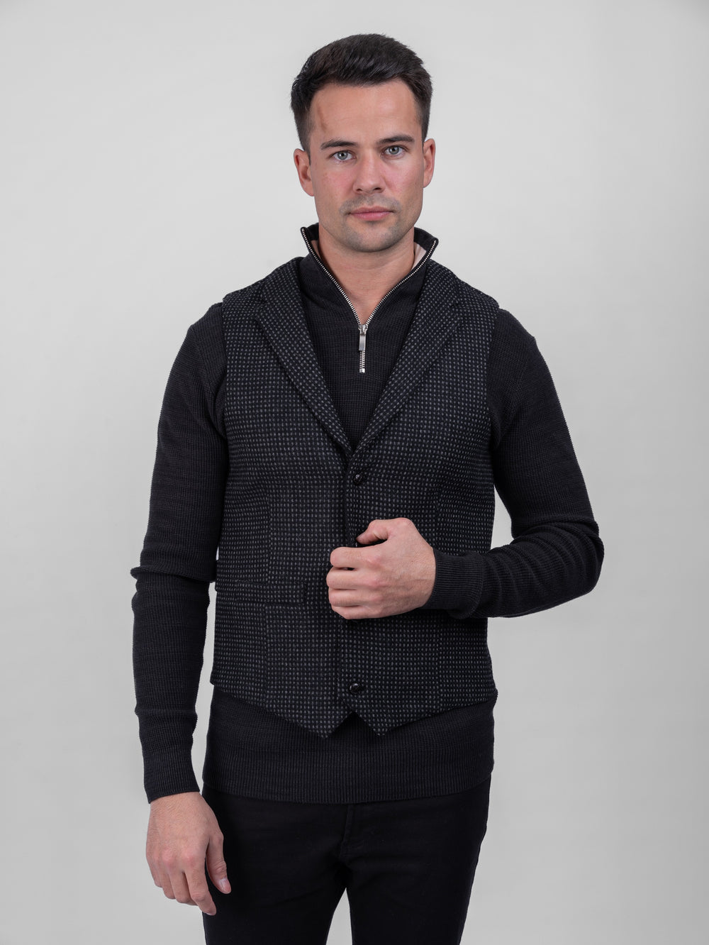 Black with Grey Check Pattern Waistcoat With Revere