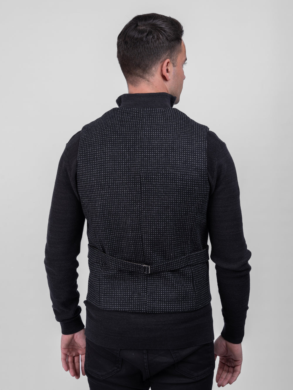 Black with Grey Check Pattern Waistcoat With Revere