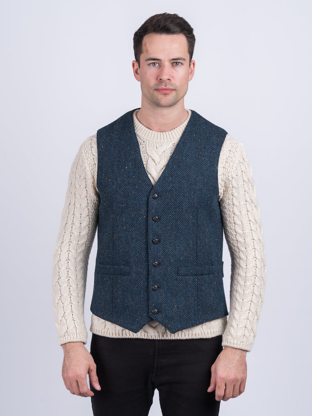 W.B Yeats Blue Herringbone Tweed Waistcoat & Vest