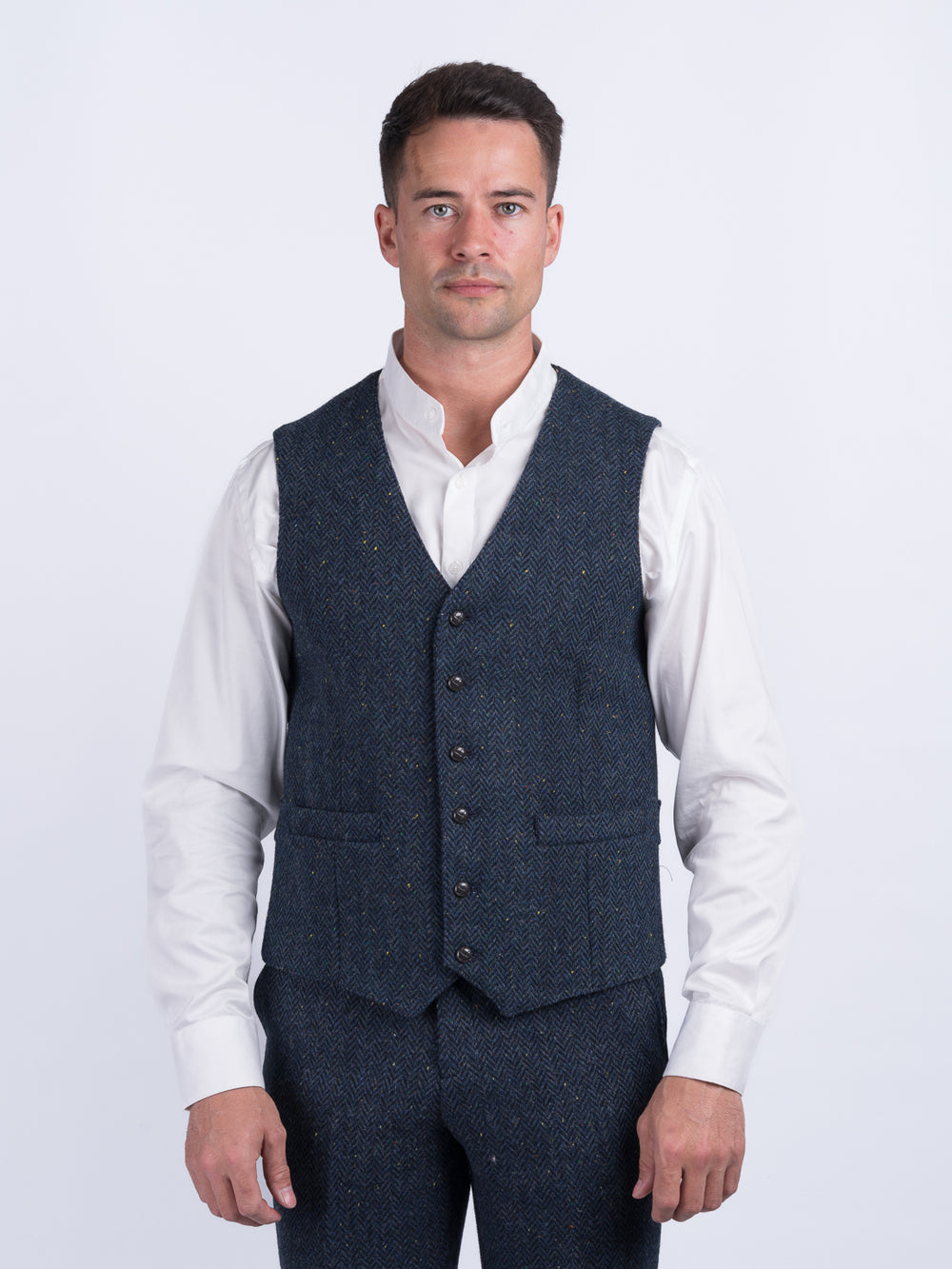 W.B Yeats Blue Herringbone Tweed Waistcoat & Vest