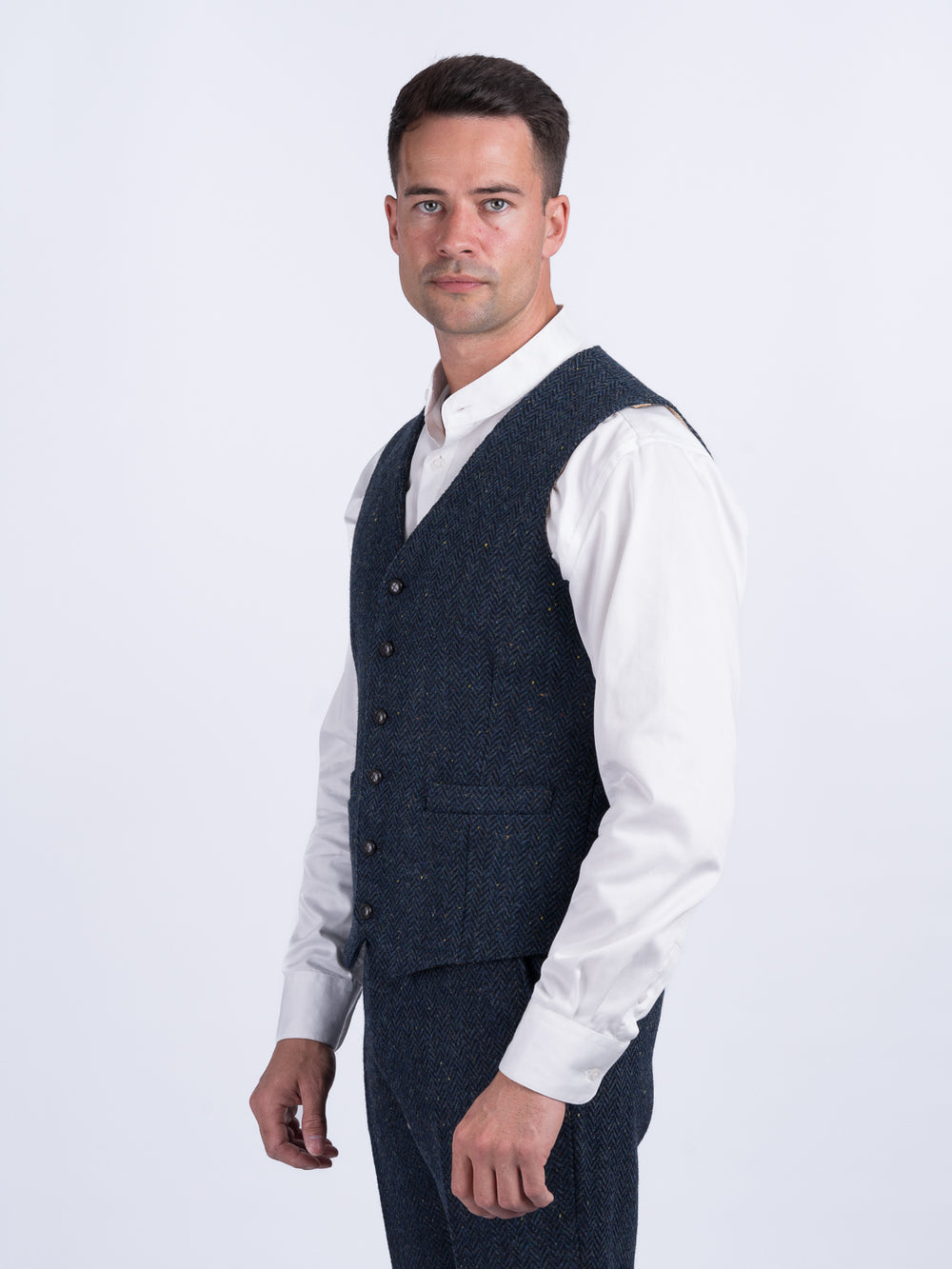 W.B Yeats Blue Herringbone Tweed Waistcoat & Vest