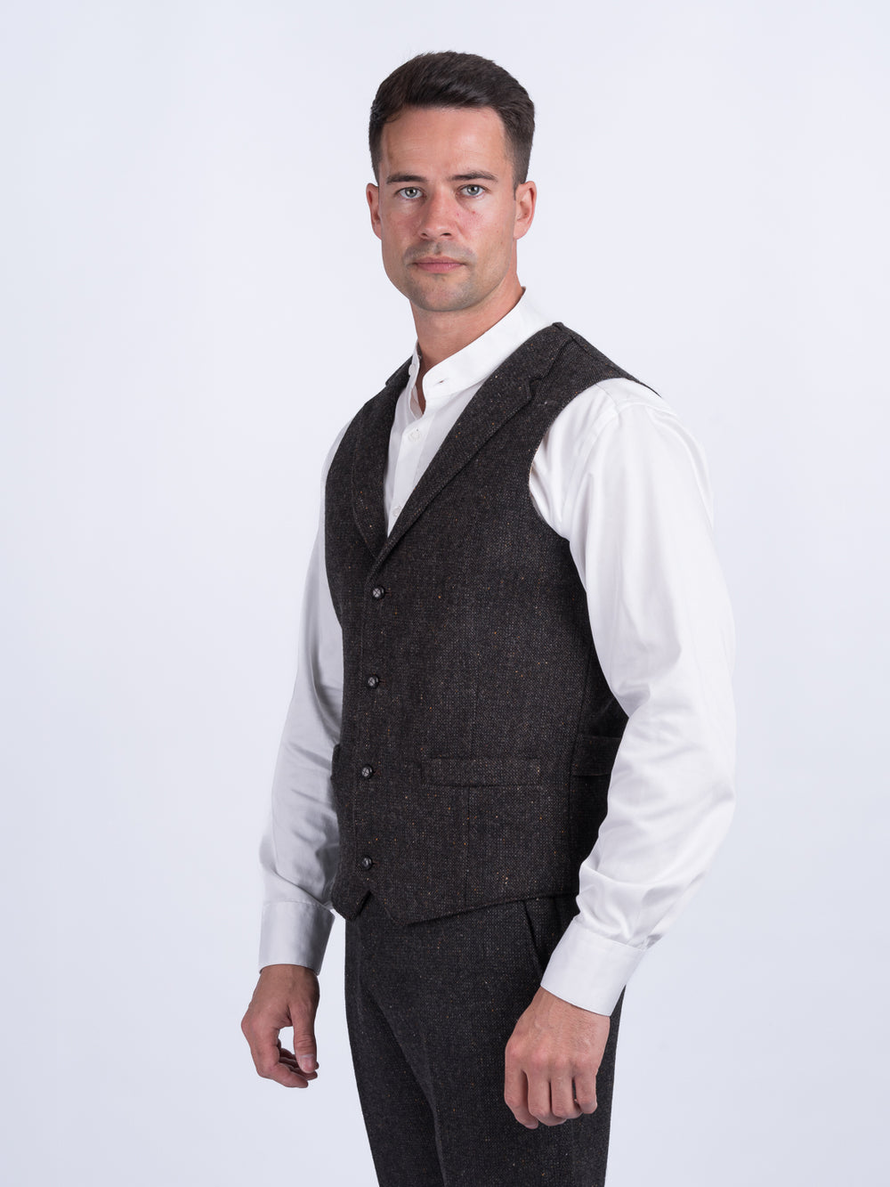 Oscar Wilde Brown Hopsack Tweed Waistcoat & Vest With Revere