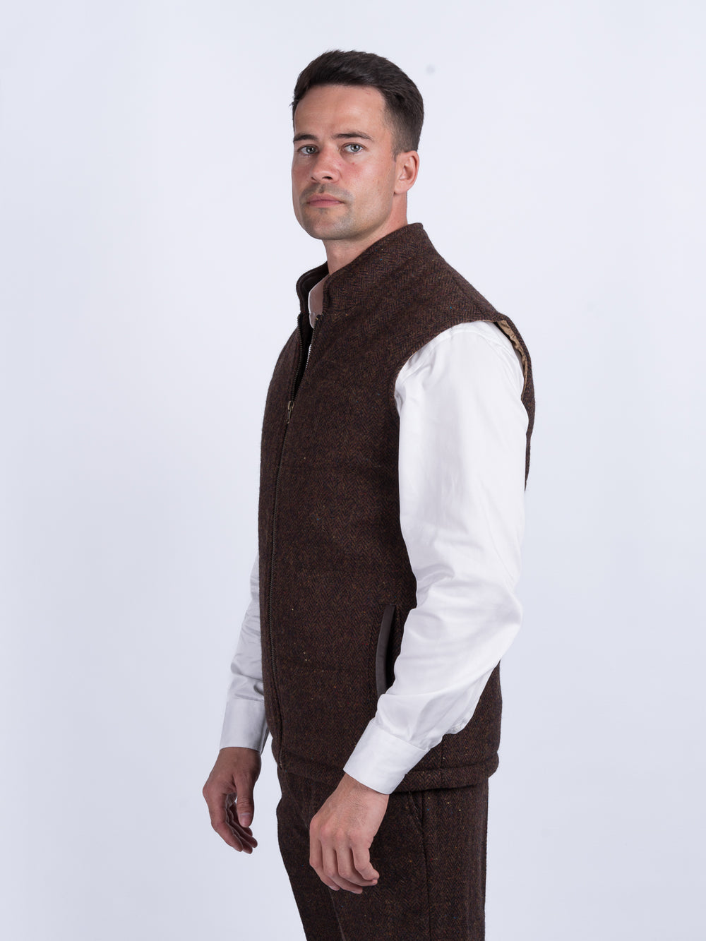 Brown Herringbone Tweed Bodywarmer with Leather Trims