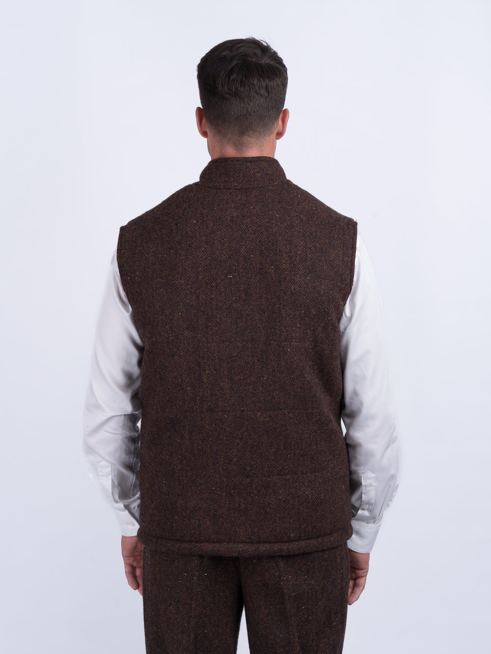 Brown Herringbone Tweed Bodywarmer with Leather Trims