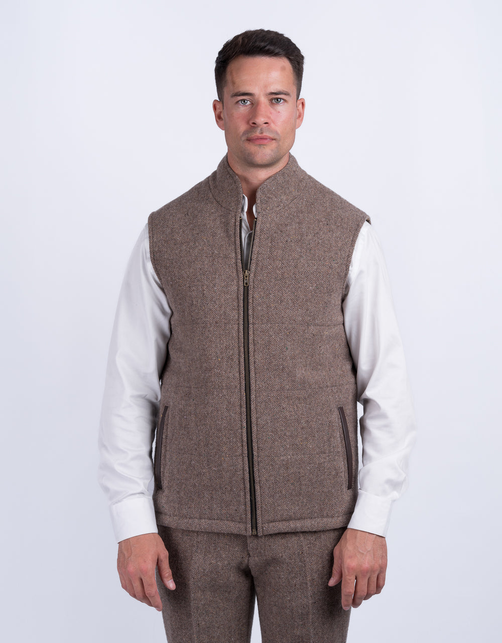 Fawn Tweed Bodywarmer with Leather Trims