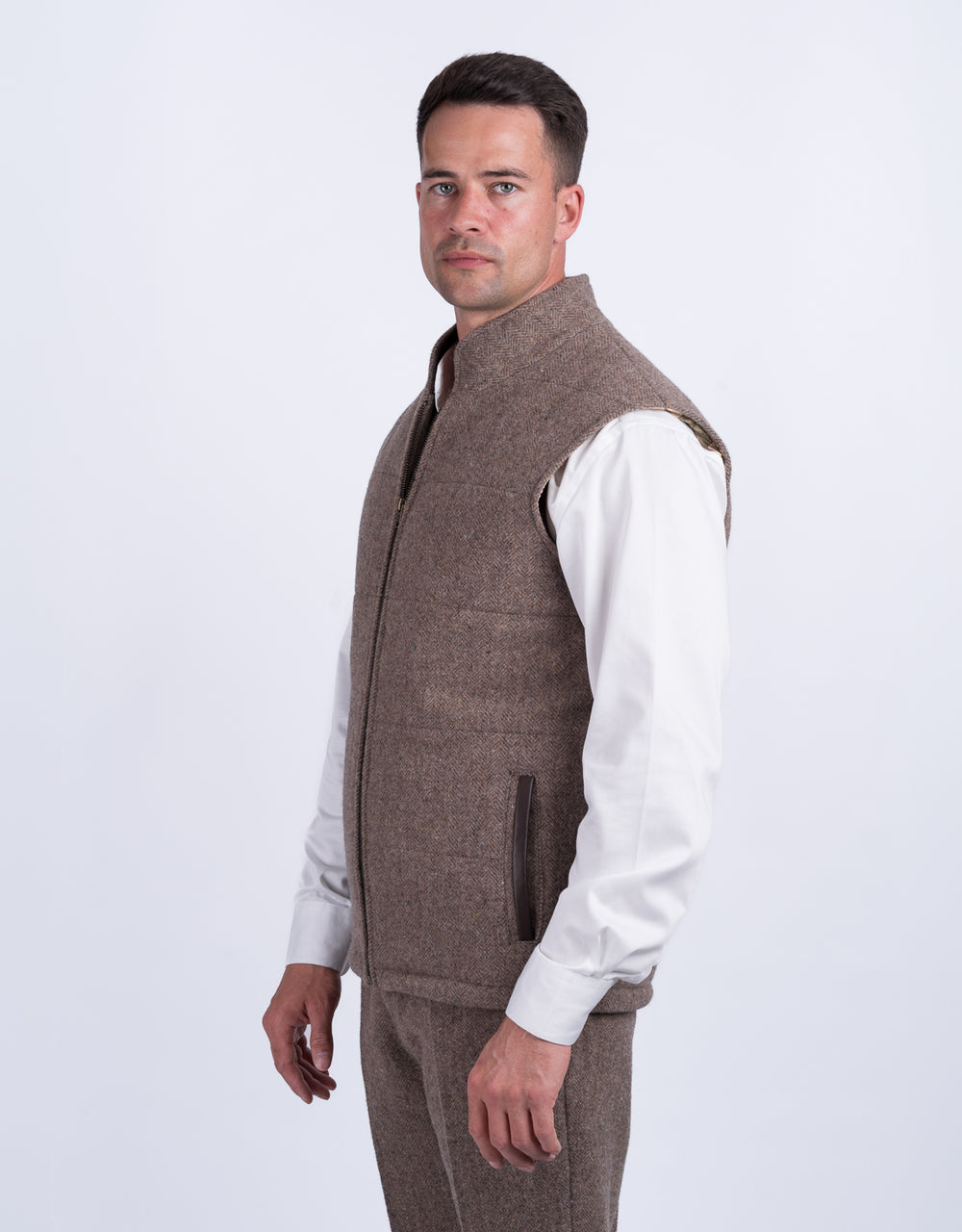 Fawn Tweed Bodywarmer with Leather Trims