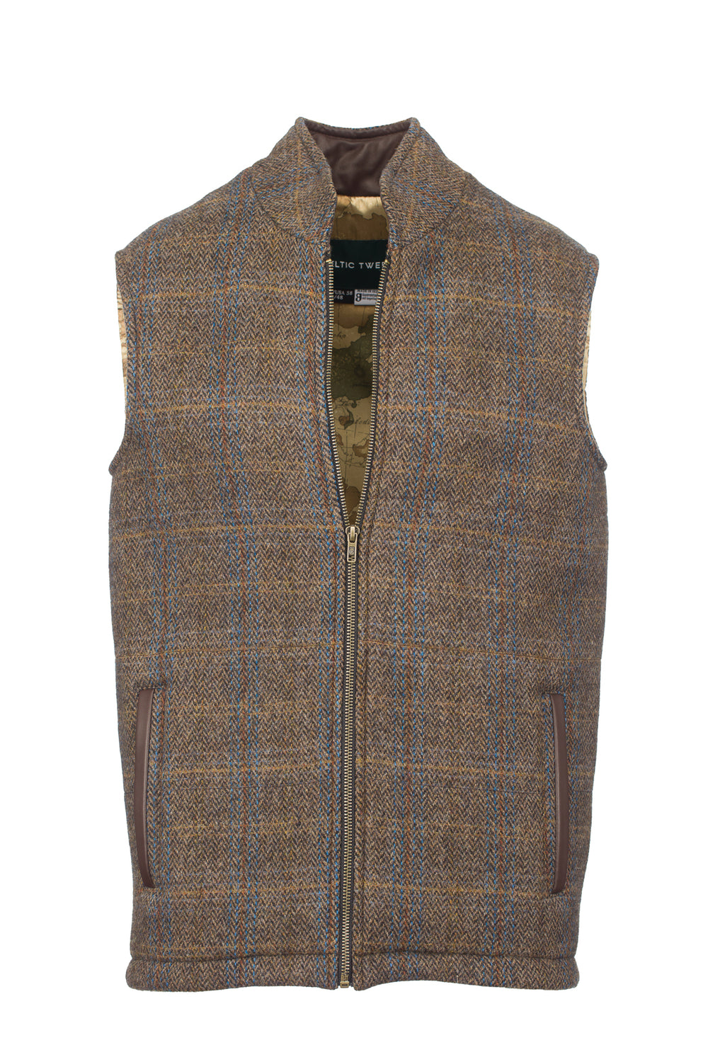 Brown Hunting Tweed Bodywarmer With Leather Trims
