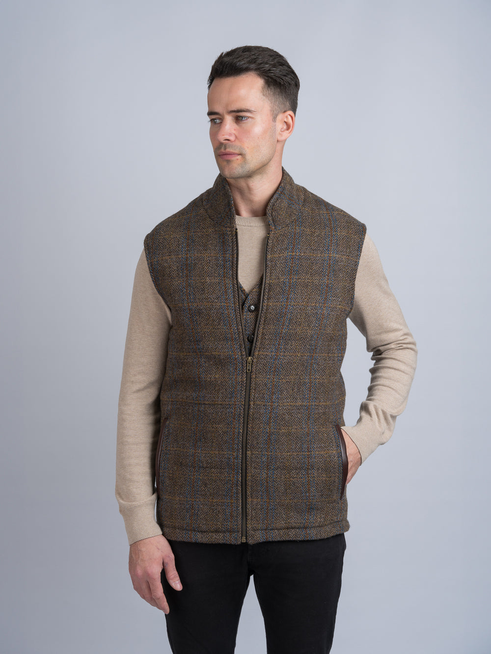 Brown Hunting Tweed Bodywarmer With Leather Trims