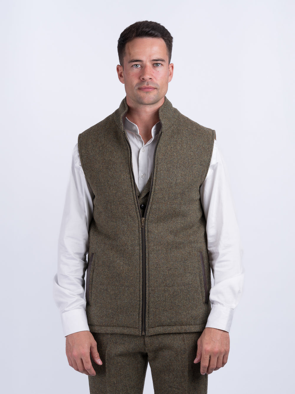 Moss Green Tweed Bodywarmer with Leather Trims