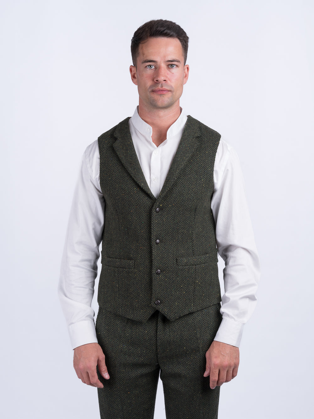 Pearse Green Herringbone Tweed Wool Waistcoat & Vest