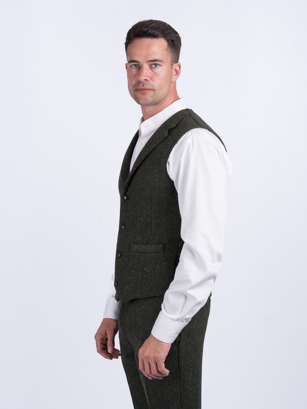 Pearse Green Herringbone Tweed Wool Waistcoat & Vest