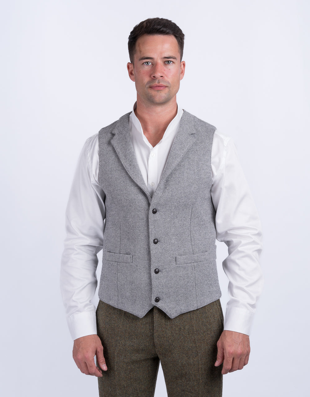 Light Grey Twill Tweed Waistcoat With Revere