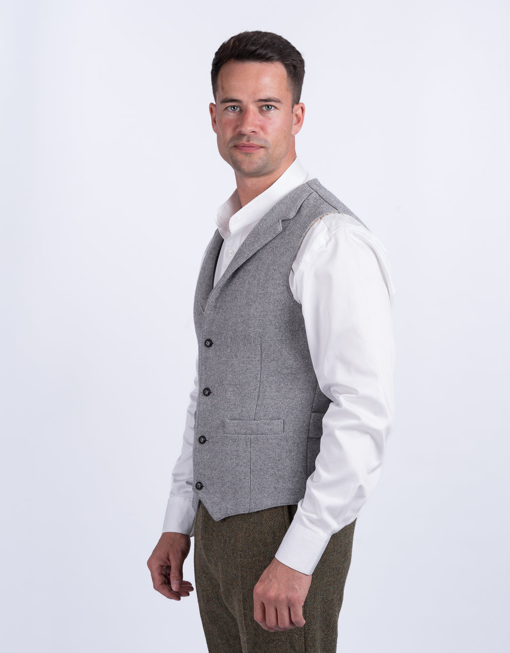 Light Grey Twill Tweed Waistcoat With Revere
