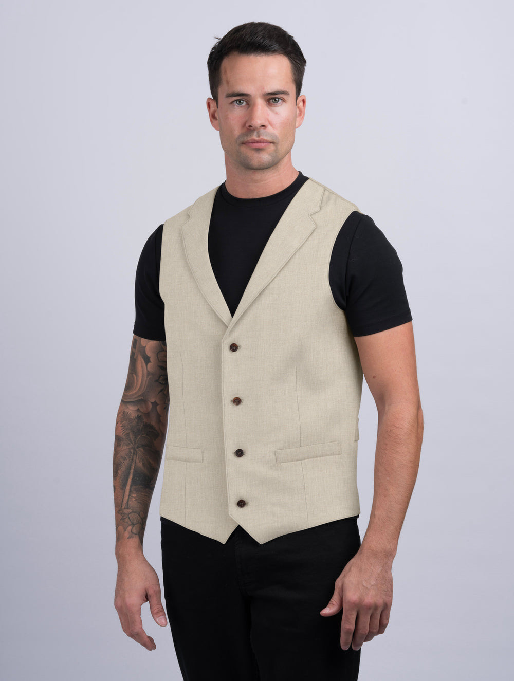 Mens Natural Linen Waistcoat & Vest With Revere