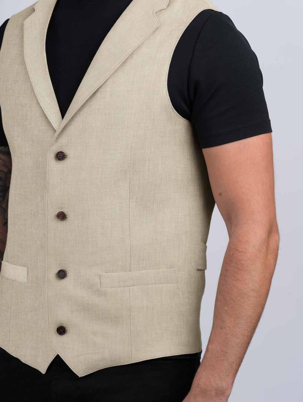 Mens Natural Linen Waistcoat & Vest With Revere
