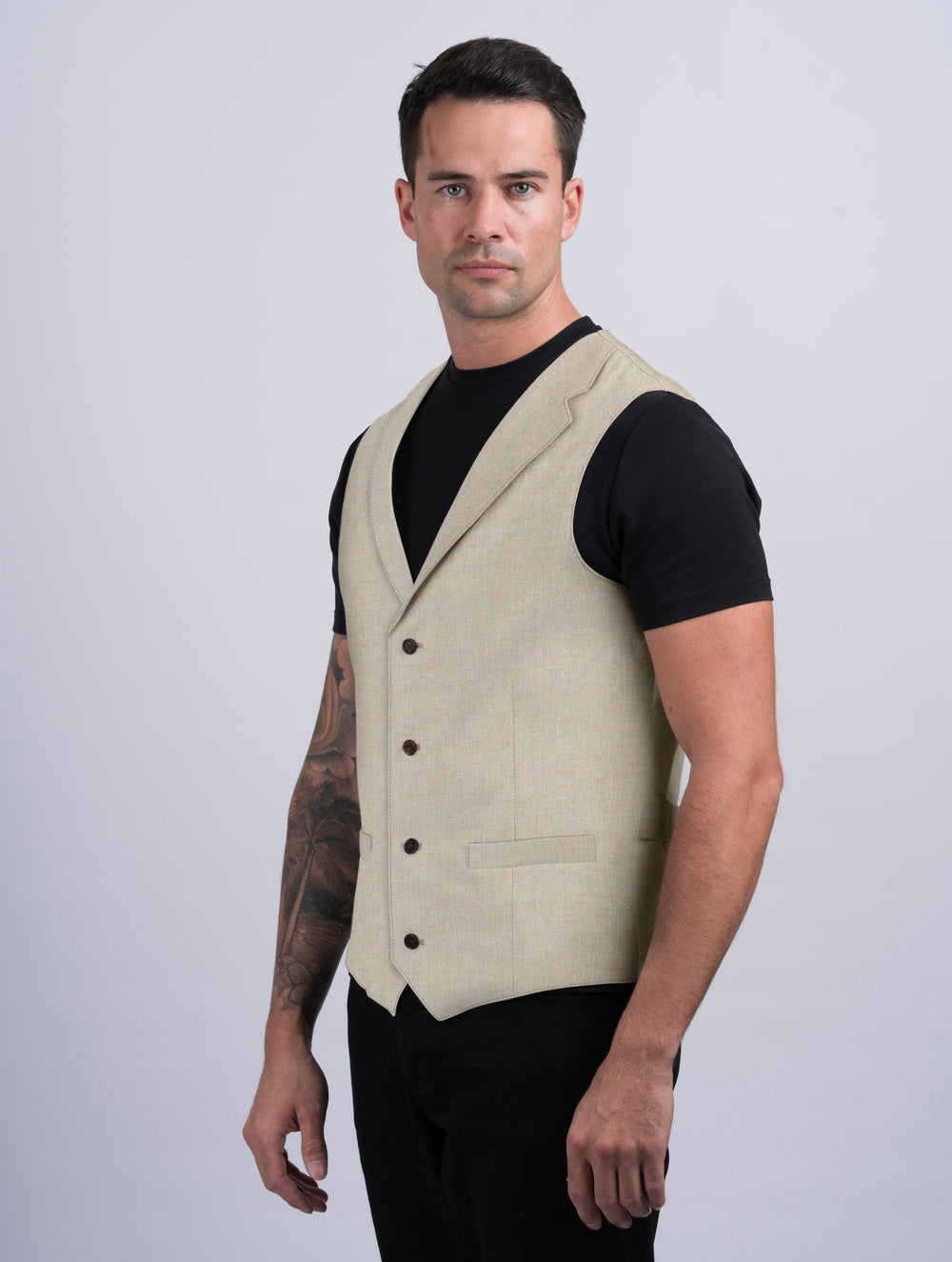 Mens Natural Linen Waistcoat & Vest With Revere