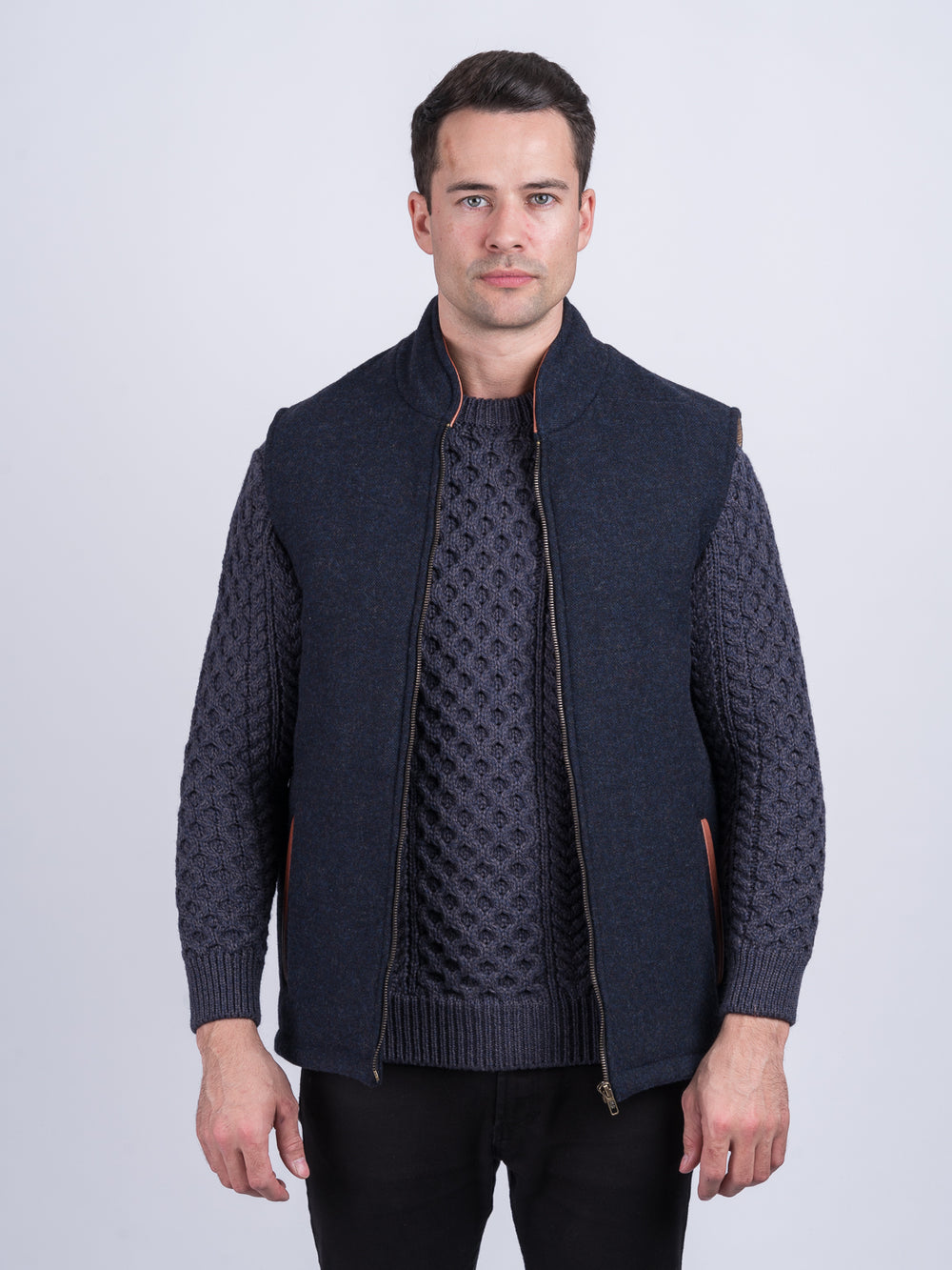 Navy Tweed Bodywarmer with Leather Trims