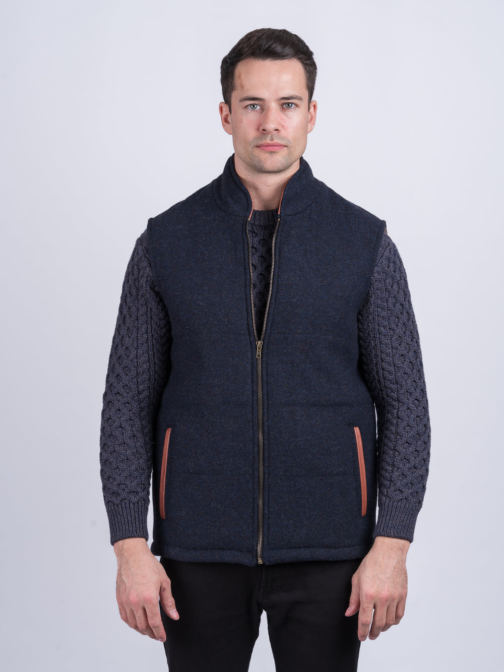 Navy Tweed Bodywarmer with Leather Trims