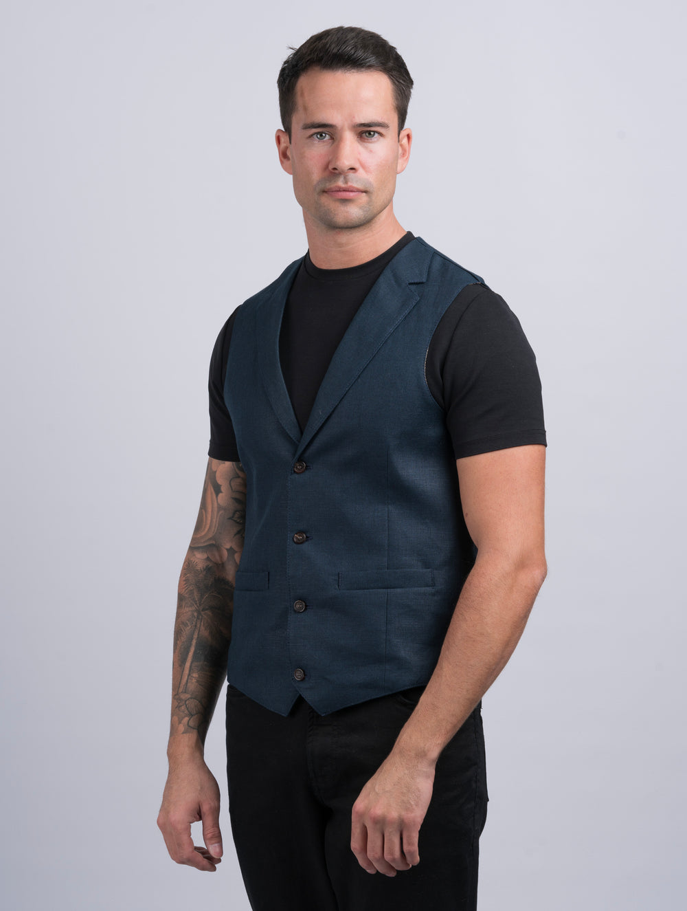 Mens Navy Linen Waistcoat & Vest With Revere