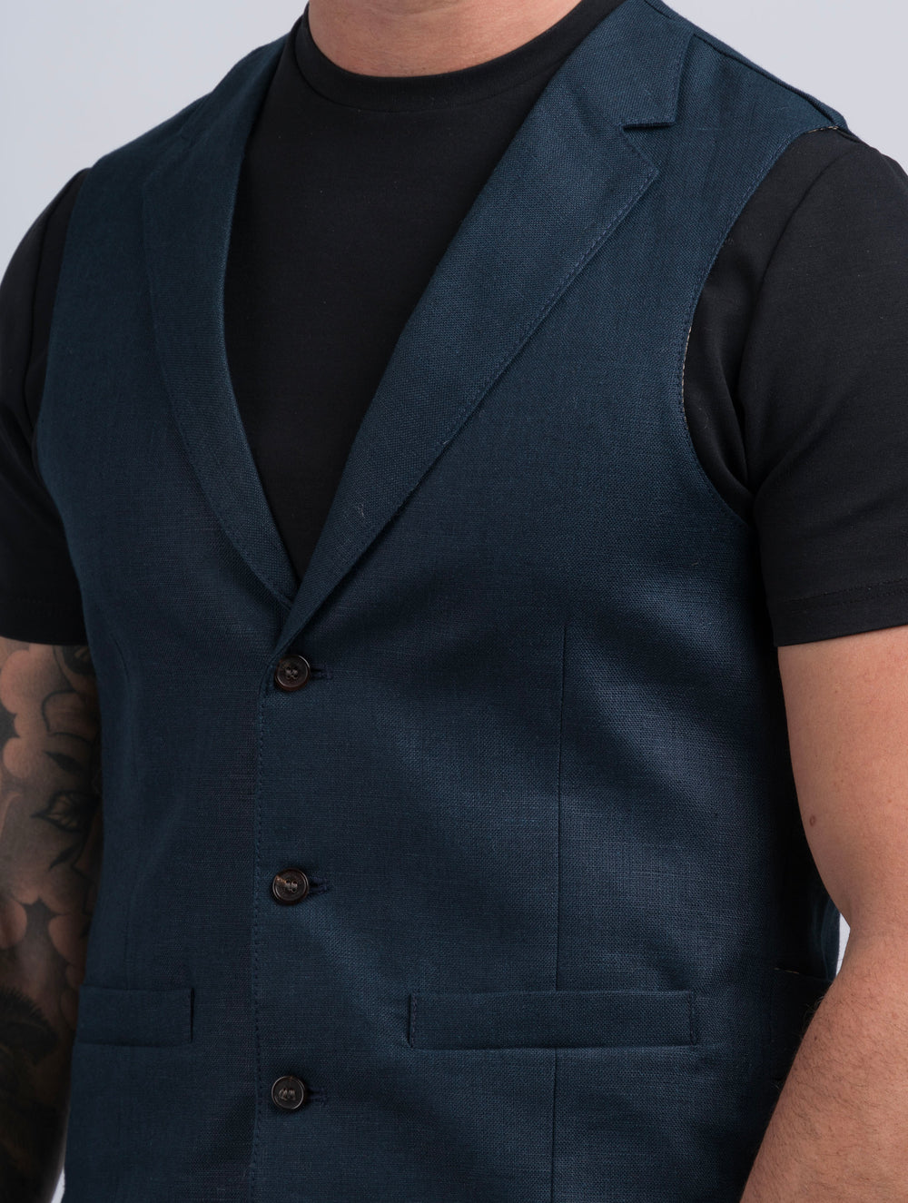 Mens Navy Linen Waistcoat & Vest With Revere