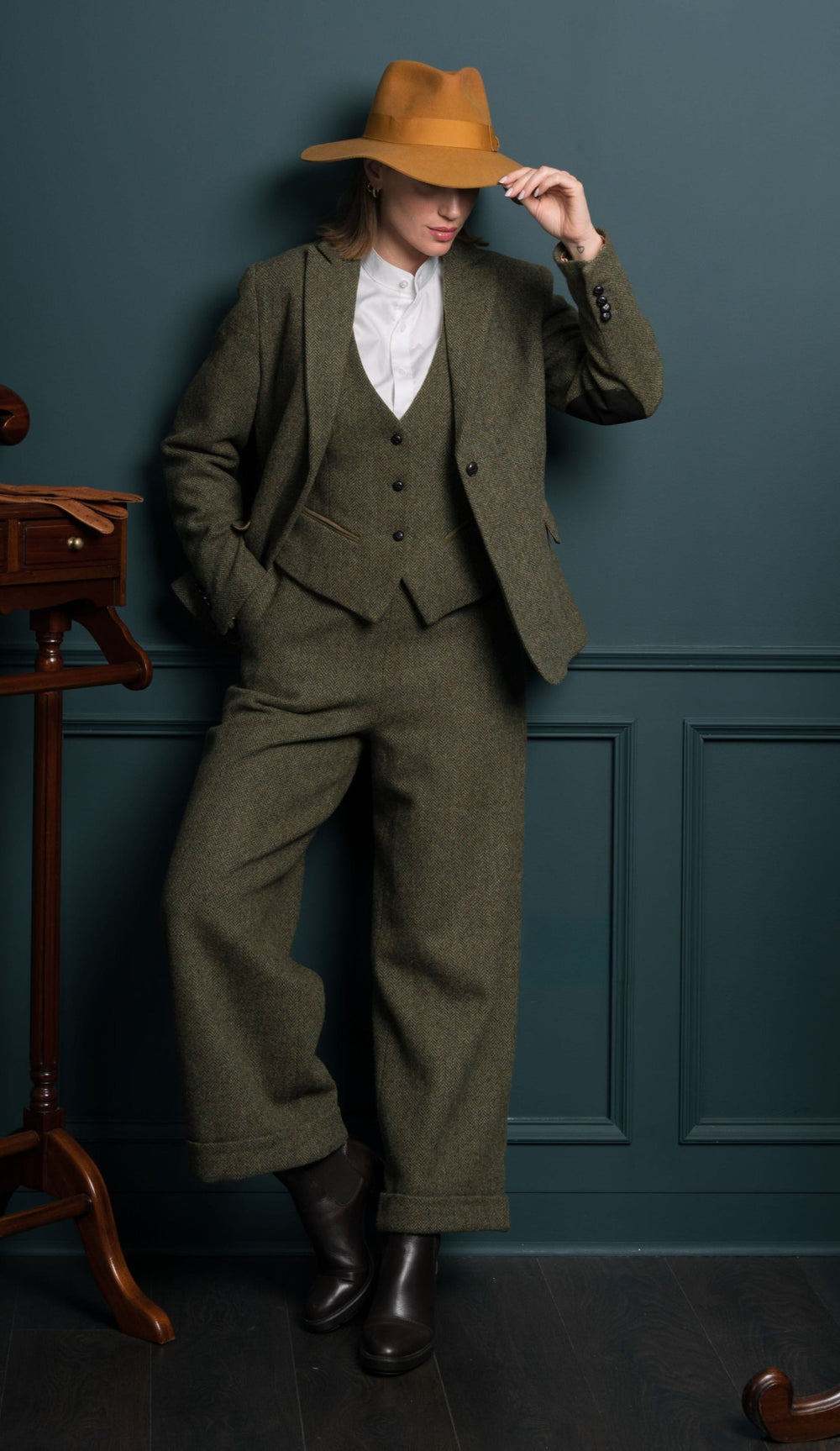 Women's Moss Green Tweed Trousers & Pants